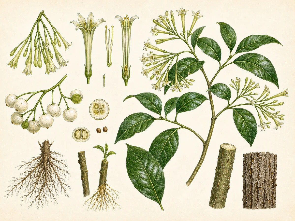 Prancha botânica complementar de Dama-da-noite (Cestrum nocturnum) com caracteres de identificação e ciclo de vida