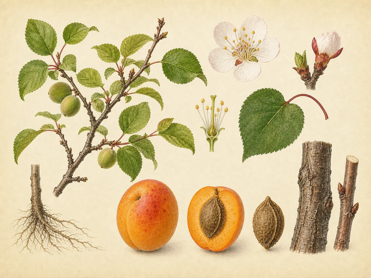 Prancha botânica complementar de Damasqueiro (Prunus armeniaca) com caracteres de identificação e ciclo de vida