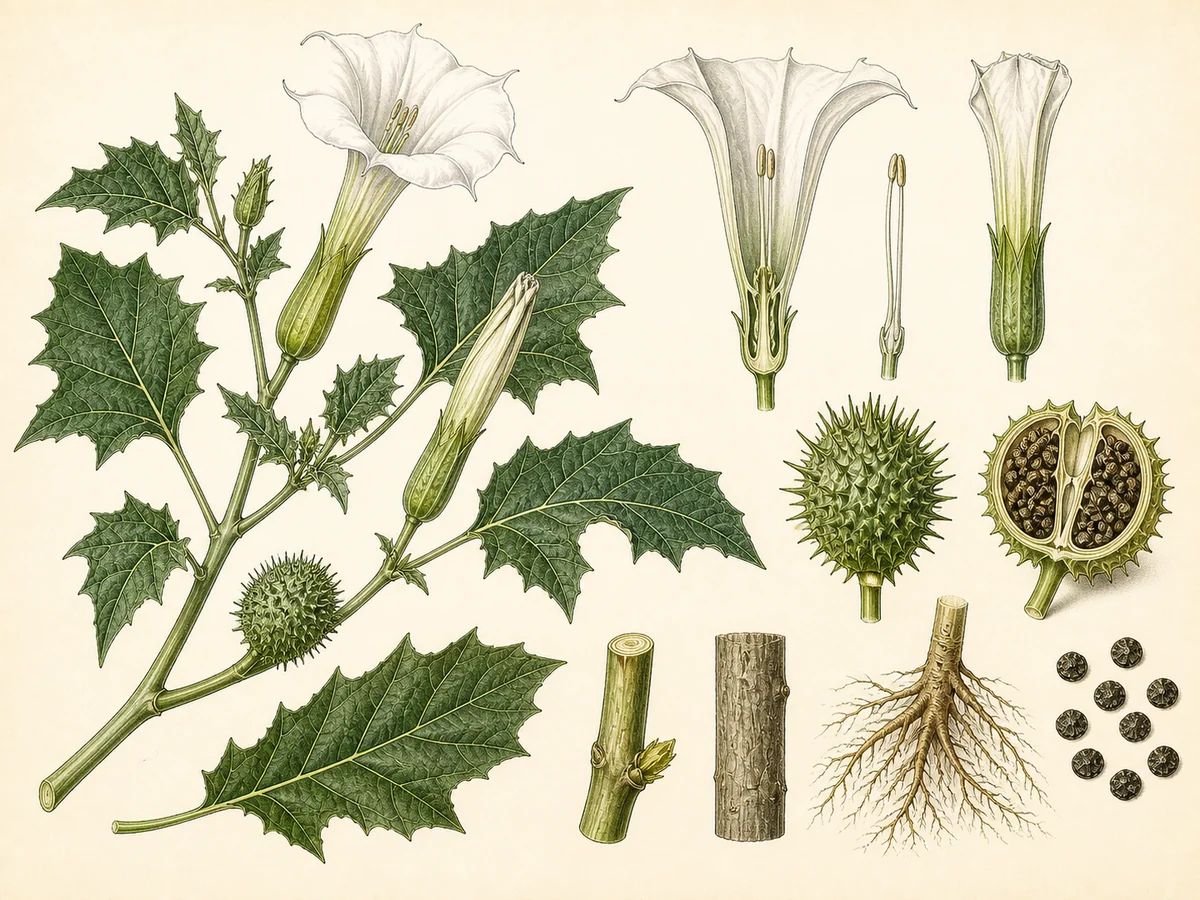 Prancha botânica complementar de Datura-métel (Datura metel) com caracteres de identificação e ciclo de vida