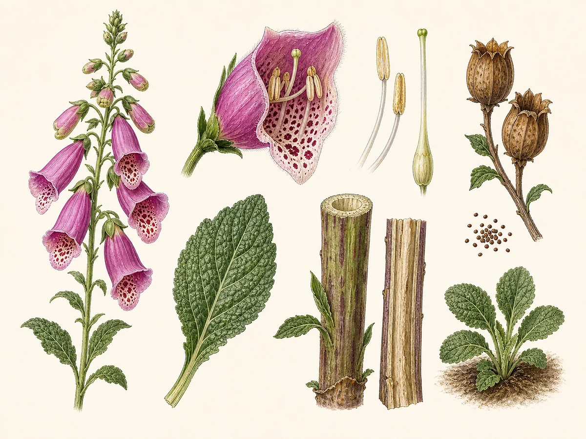 Prancha botânica complementar de Dedaleira-roxa (Digitalis purpurea) com caracteres de identificação e ciclo de vida