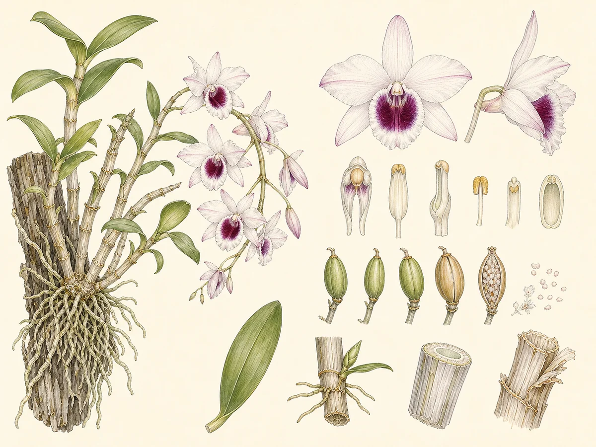 Prancha botânica complementar de Dendróbio-nobre (Dendrobium nobile) com caracteres de identificação e ciclo de vida