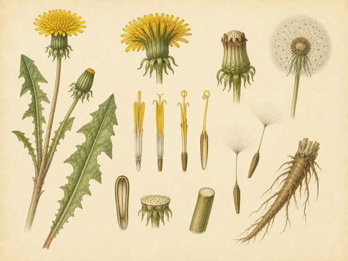 Prancha botânica complementar de Dente-de-leão (Taraxacum sect. Taraxacum) com caracteres de identificação e ciclo de vida