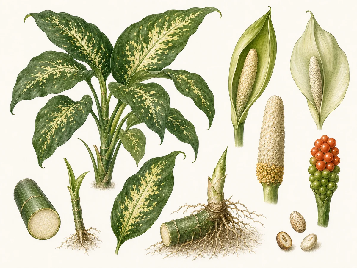 Prancha botânica complementar de Comigo-ninguém-pode (Dieffenbachia seguine) com caracteres de identificação e ciclo de vida