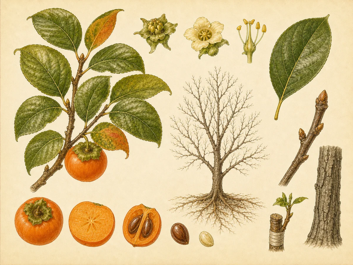 Prancha botânica complementar de Diospireiro (Diospyros kaki) com caracteres de identificação e ciclo de vida