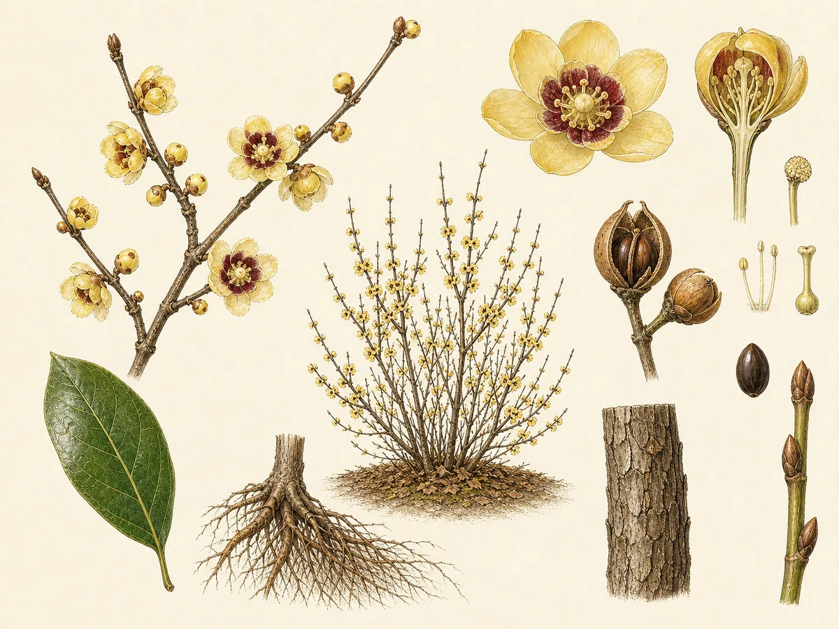 Prancha botânica complementar de Doce-de-inverno (Chimonanthus praecox) com caracteres de identificação e ciclo de vida