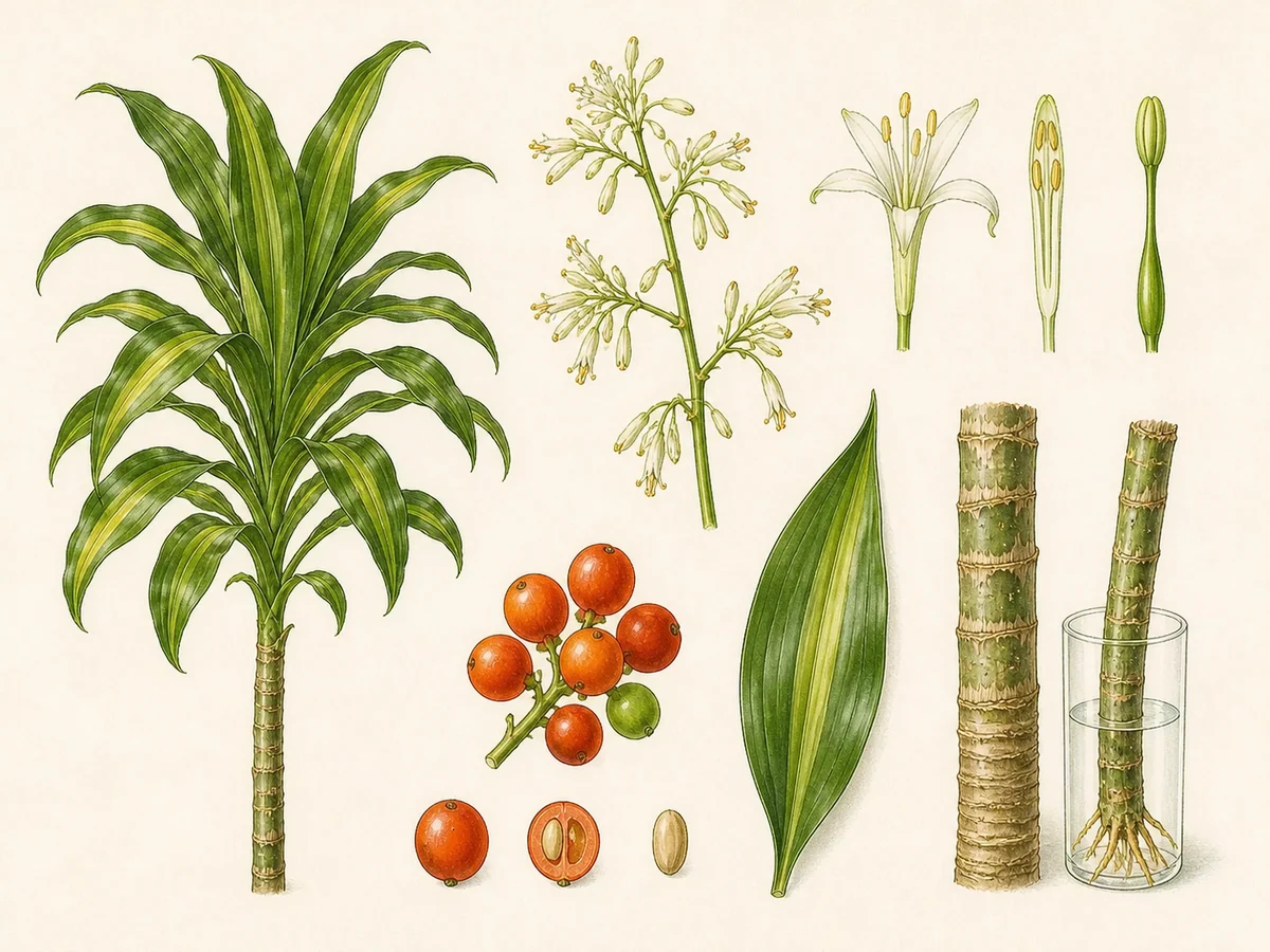 Prancha botânica complementar de Dracena-fragrans (Dracaena fragrans) com caracteres de identificação e ciclo de vida