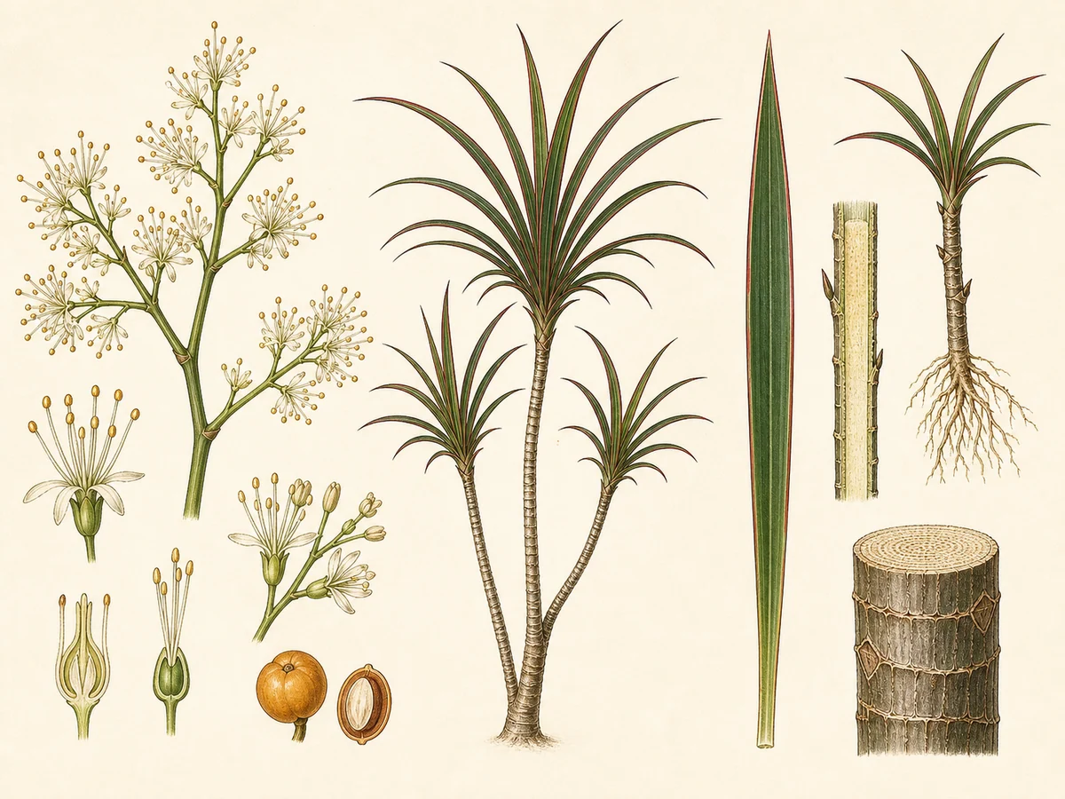 Prancha botânica complementar de Dracena-de-folha-estreita (Dracaena reflexa var. angustifolia) com caracteres de identificação e ciclo de vida