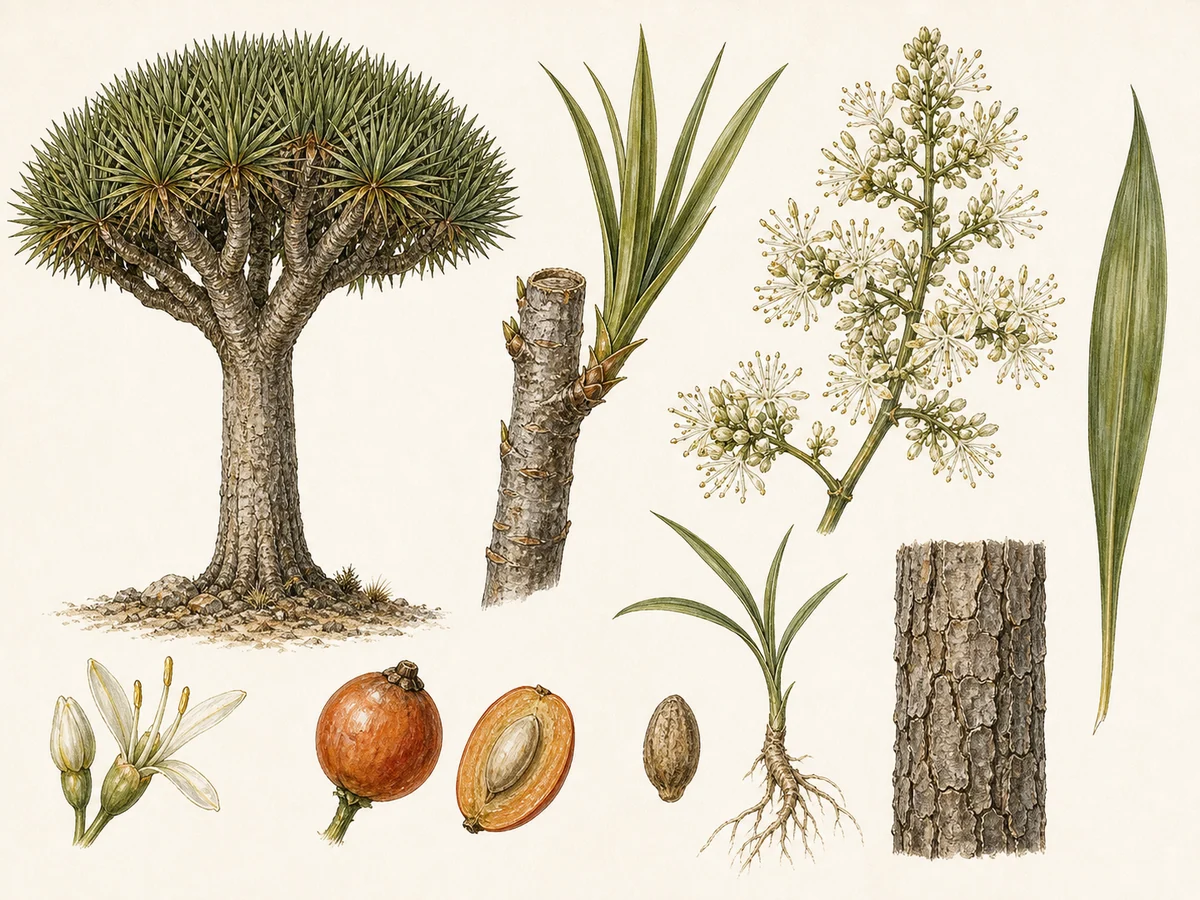 Prancha botânica complementar de Dragoeiro (Dracaena draco) com caracteres de identificação e ciclo de vida