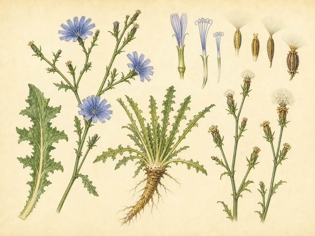 Prancha botânica complementar de Endívia (Cichorium endivia) com caracteres de identificação e ciclo de vida