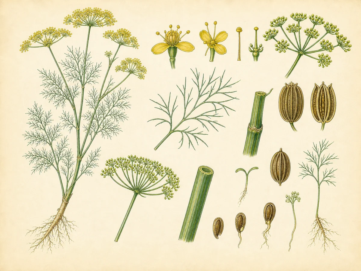 Prancha botânica complementar de Endro (Anethum graveolens) com caracteres de identificação e ciclo de vida