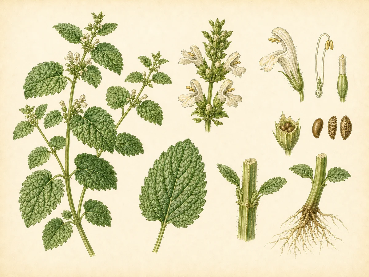 Prancha botânica complementar de Erva-cidreira (Melissa officinalis) com caracteres de identificação e ciclo de vida