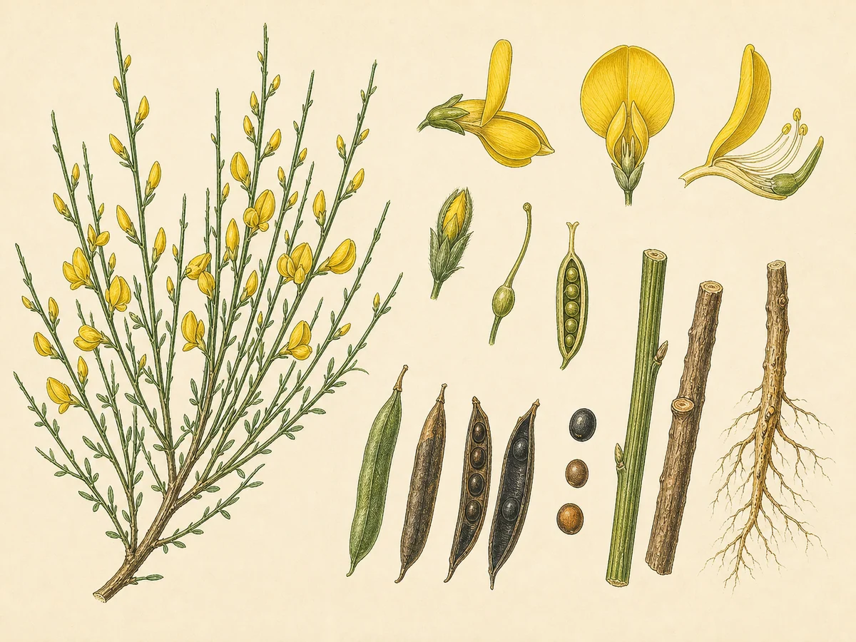Prancha botânica complementar de Escova (Cytisus scoparius) com caracteres de identificação e ciclo de vida