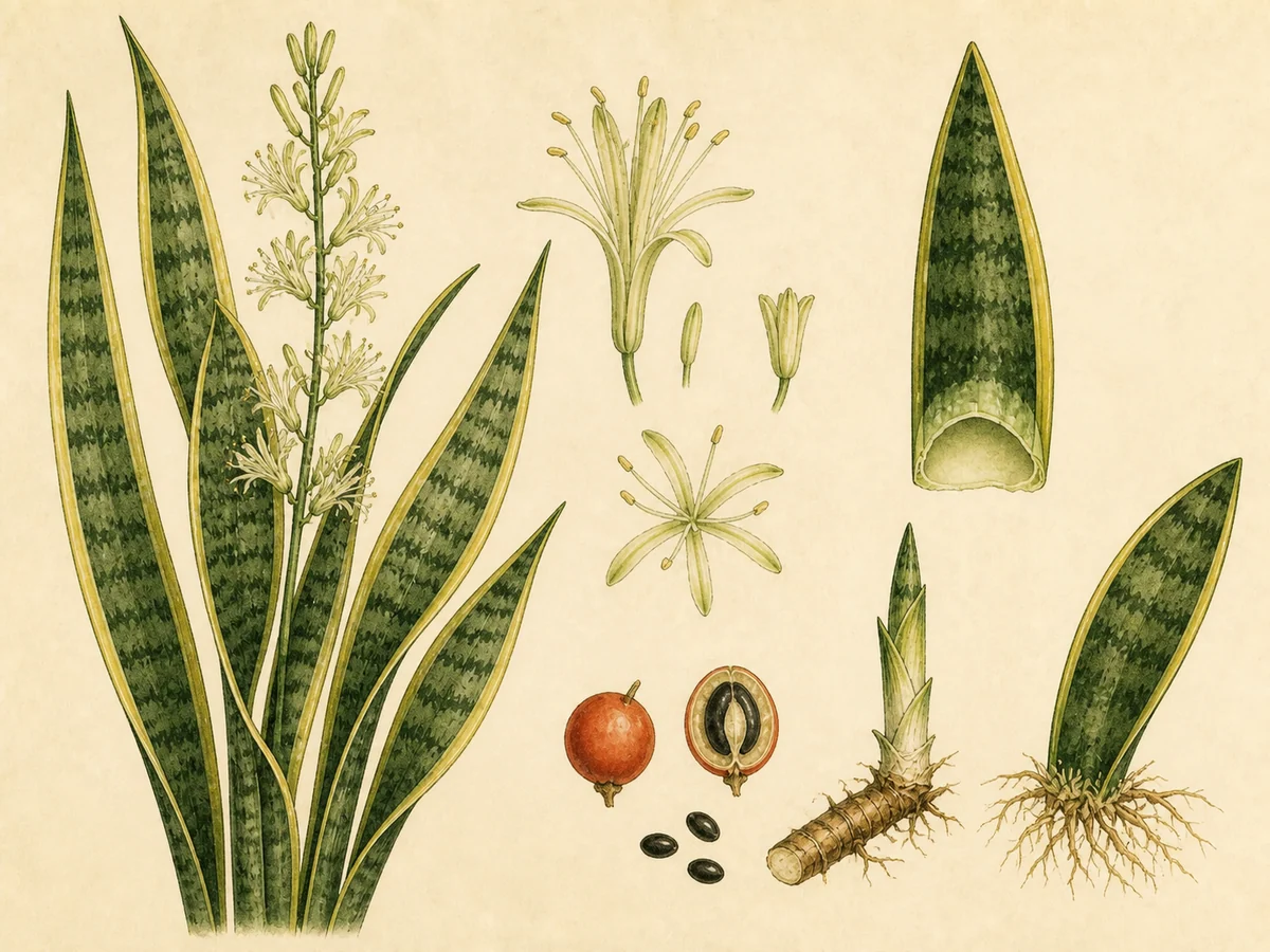 Prancha botânica complementar de Espada-de-são-jorge (Dracaena trifasciata) com caracteres de identificação e ciclo de vida