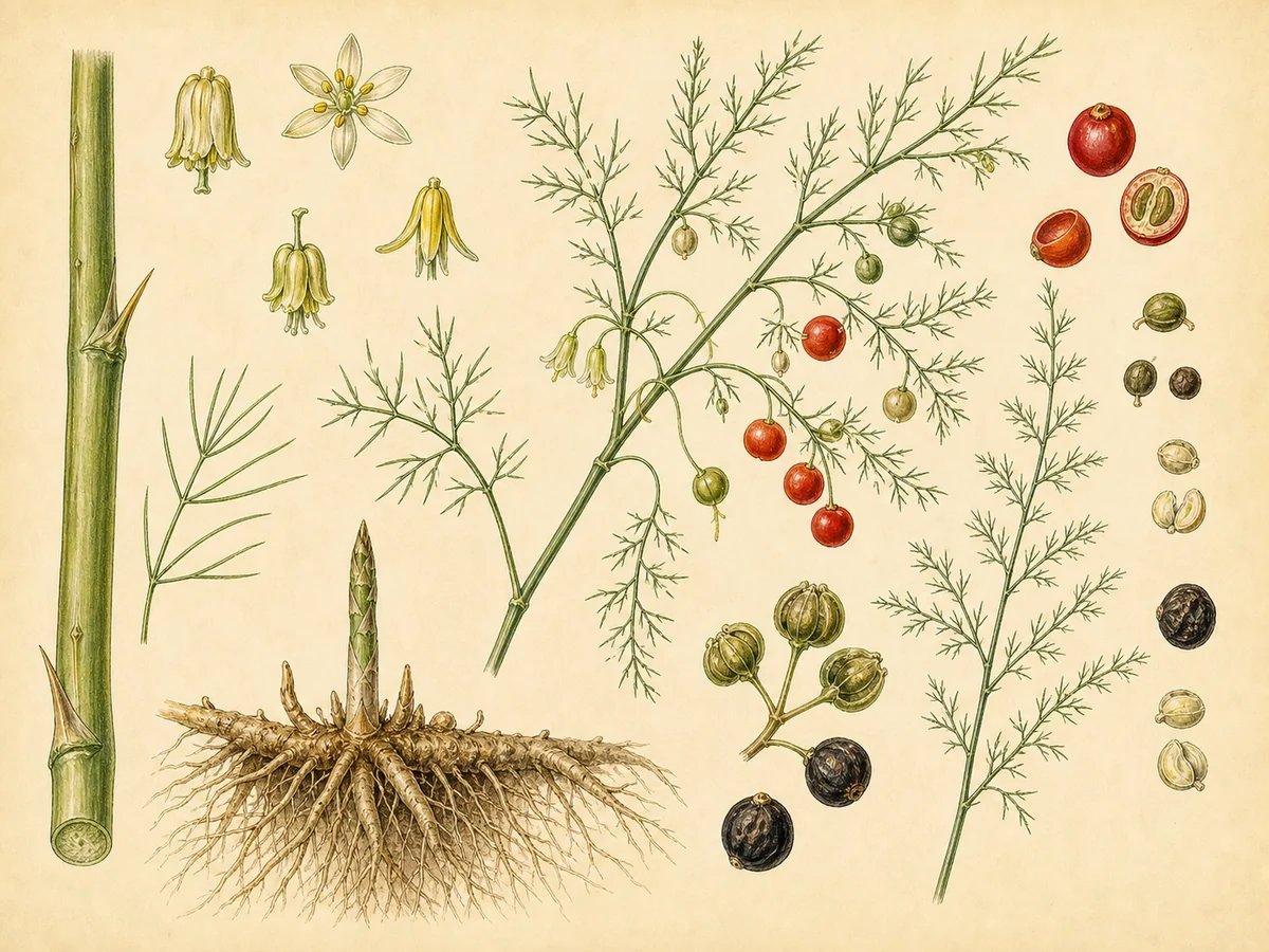 Prancha botânica complementar de Espargo (Asparagus officinalis) com caracteres de identificação e ciclo de vida