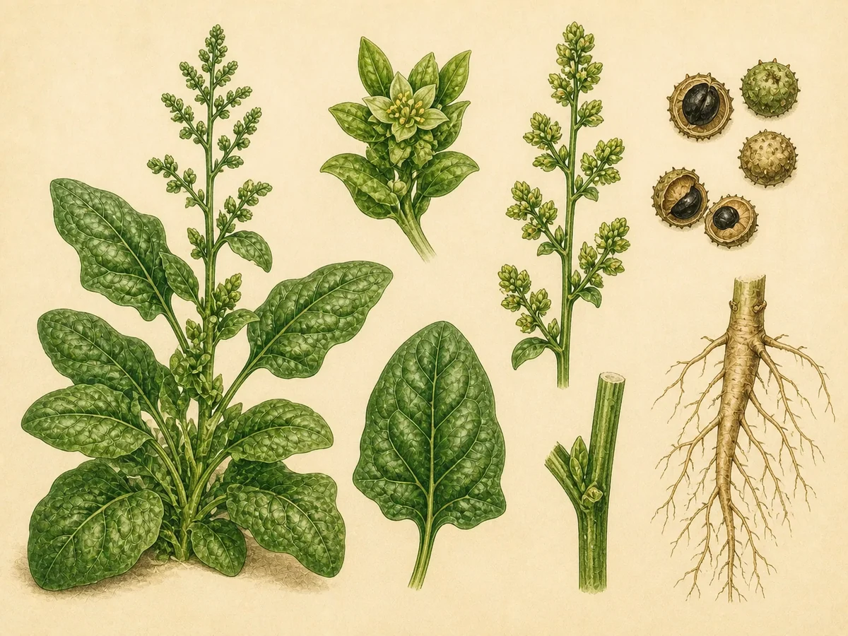 Prancha botânica complementar de Espinafre (Spinacia oleracea) com caracteres de identificação e ciclo de vida