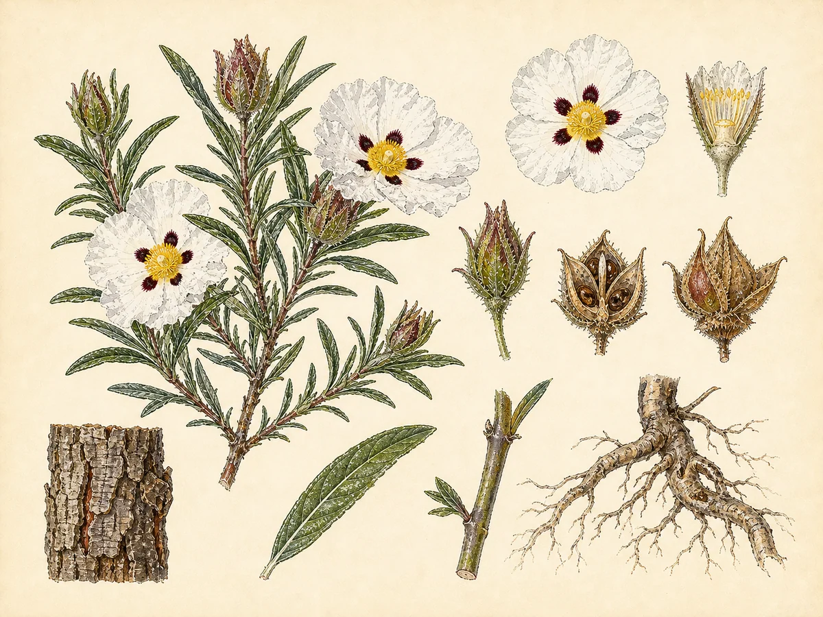 Prancha botânica complementar de Esteva (Cistus ladanifer) com caracteres de identificação e ciclo de vida