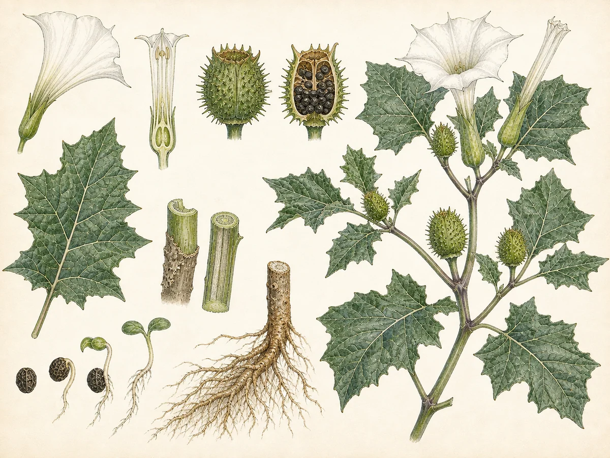 Prancha botânica complementar de Estramónio — não plantar (Datura stramonium) com caracteres de identificação e ciclo de vida