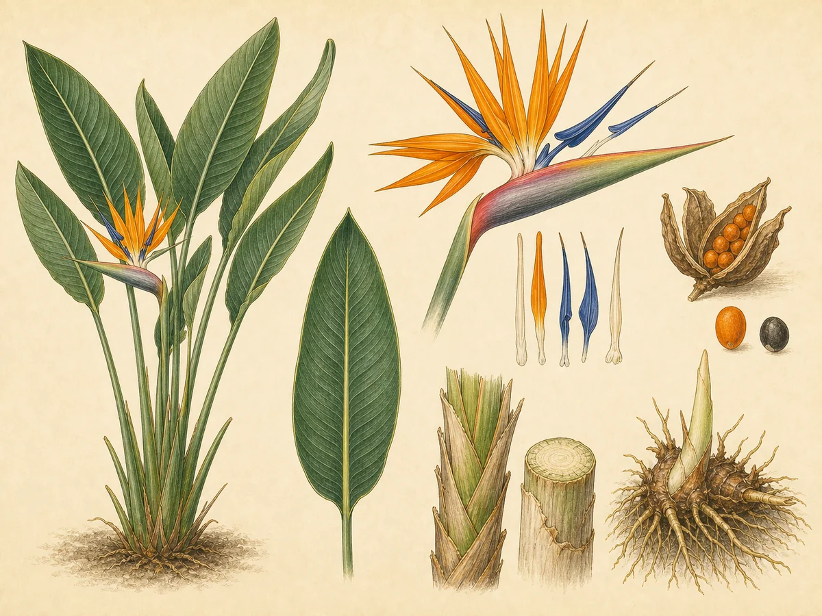 Prancha botânica complementar de Estrelícia (Strelitzia reginae) com caracteres de identificação e ciclo de vida