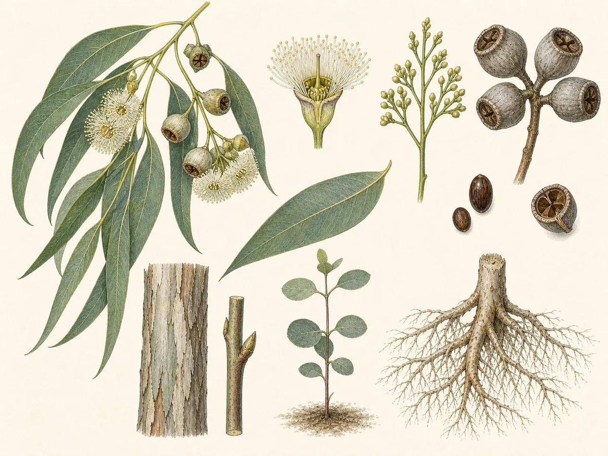 Prancha botânica complementar de Eucalipto (Eucalyptus globulus) com caracteres de identificação e ciclo de vida