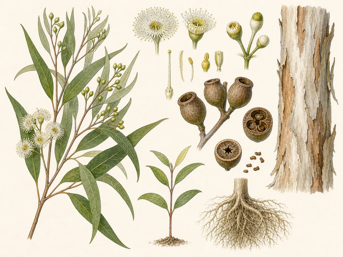 Prancha botânica complementar de Eucalipto-limão (Corymbia citriodora) com caracteres de identificação e ciclo de vida