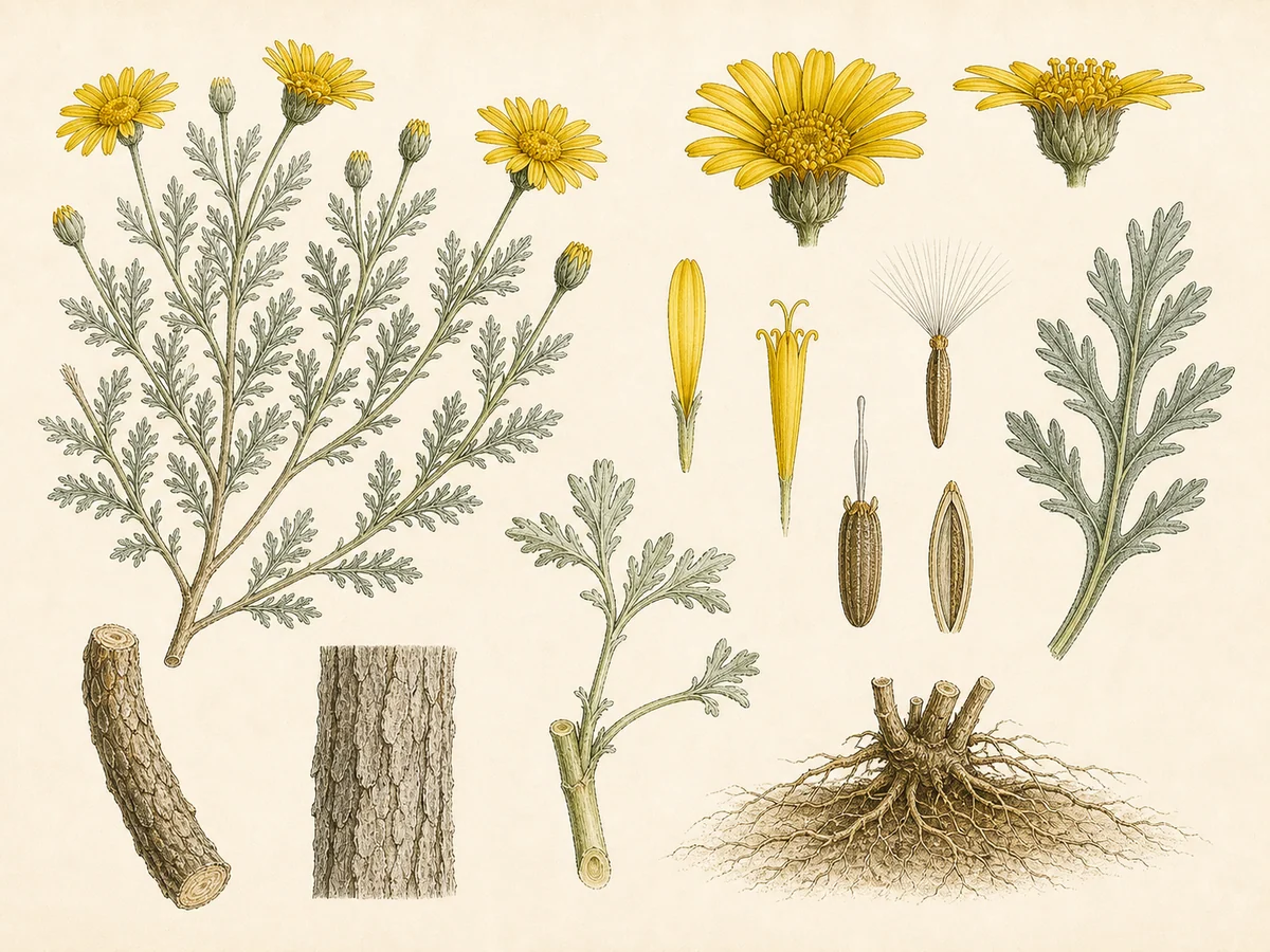 Prancha botânica complementar de Margarida-amarela (Euryops pectinatus) com caracteres de identificação e ciclo de vida
