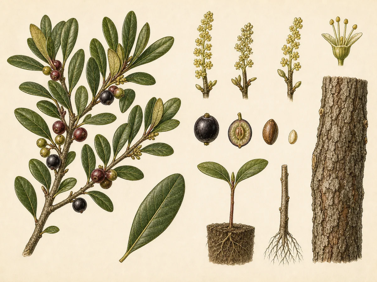 Prancha botânica complementar de Faia-das-ilhas (Myrica faya) com caracteres de identificação e ciclo de vida