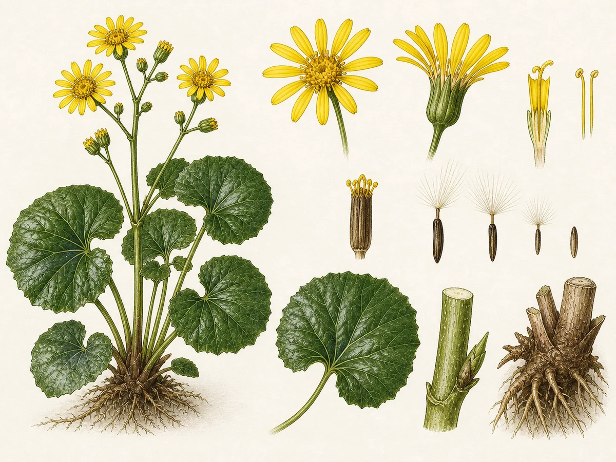 Prancha botânica complementar de Pata-de-cavalo (Farfugium japonicum) com caracteres de identificação e ciclo de vida