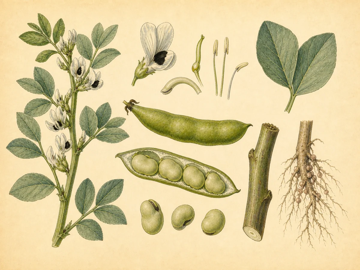 Prancha botânica complementar de Fava (Vicia faba) com caracteres de identificação e ciclo de vida
