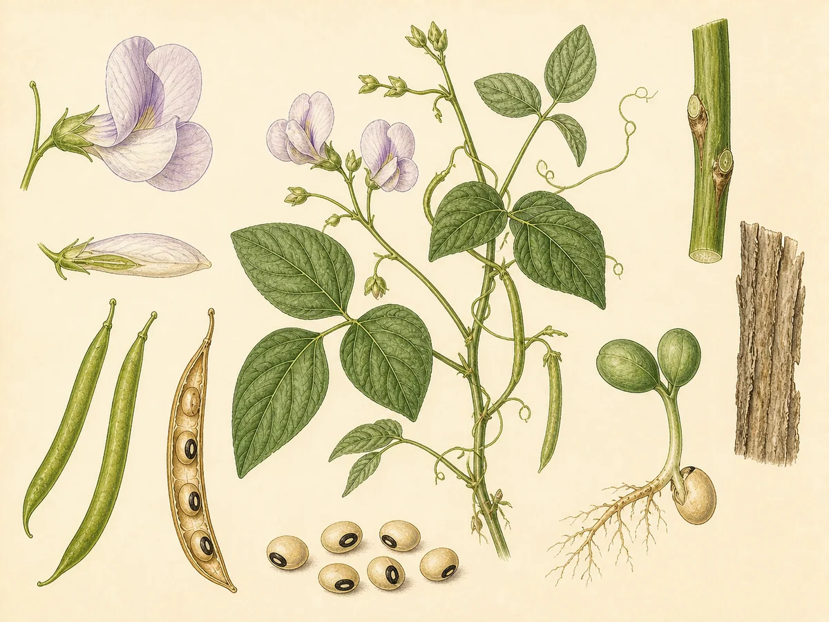 Prancha botânica complementar de Feijão-frade (Vigna unguiculata) com caracteres de identificação e ciclo de vida