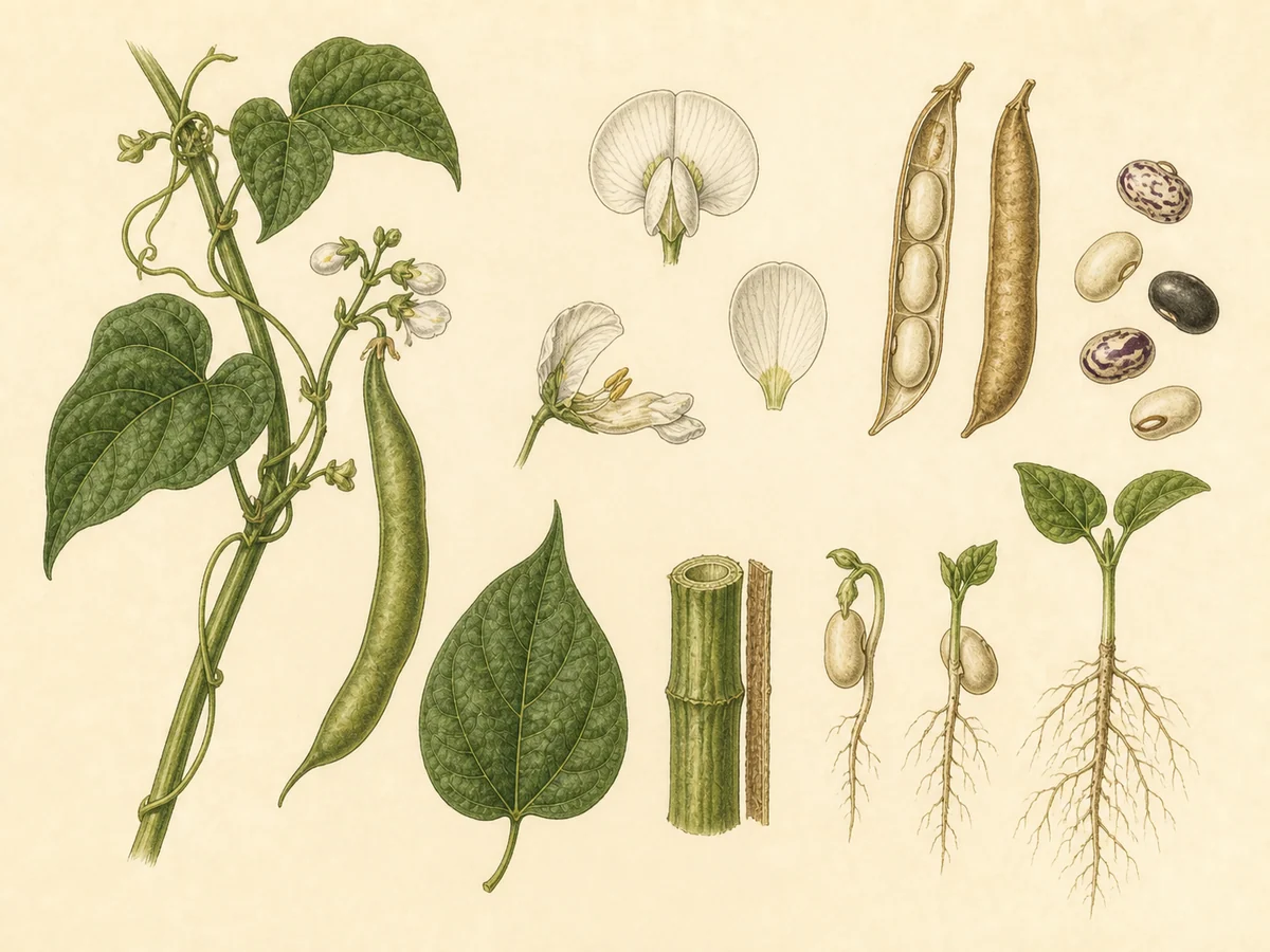 Prancha botânica complementar de Feijão (Phaseolus vulgaris) com caracteres de identificação e ciclo de vida
