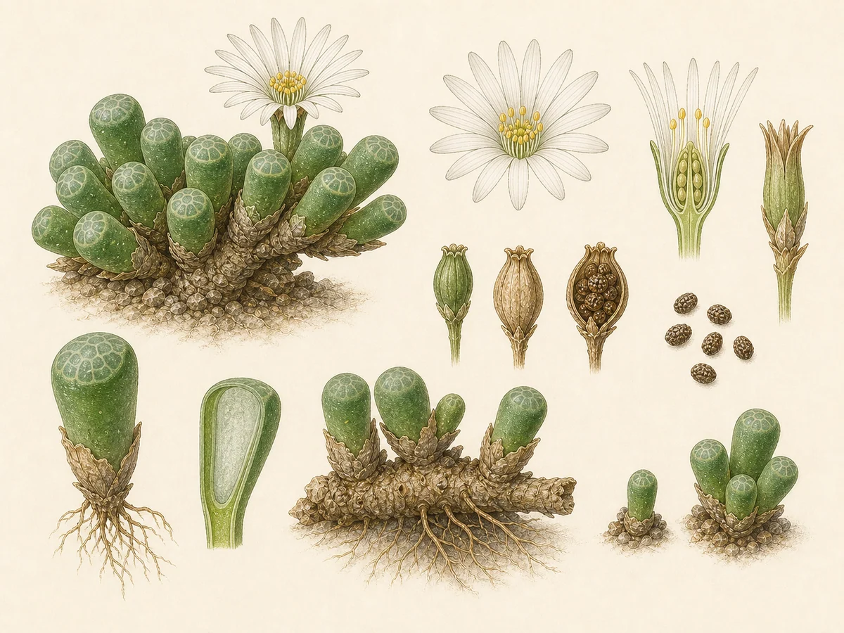 Prancha botânica complementar de Dedos-de-bebé (Fenestraria rhopalophylla) com caracteres de identificação e ciclo de vida
