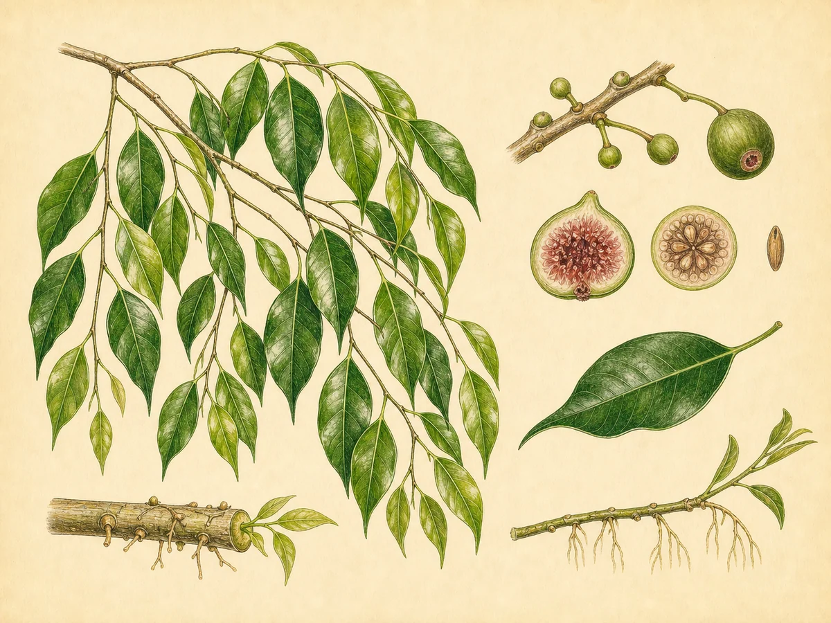 Prancha botânica complementar de Ficus-benjamina (Ficus benjamina) com caracteres de identificação e ciclo de vida