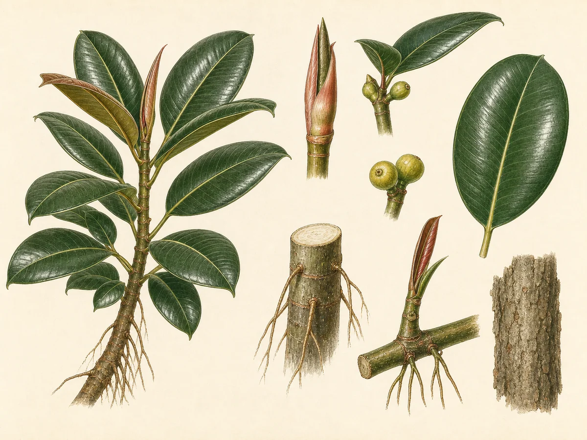 Prancha botânica complementar de Ficus-elástica (Ficus elastica) com caracteres de identificação e ciclo de vida