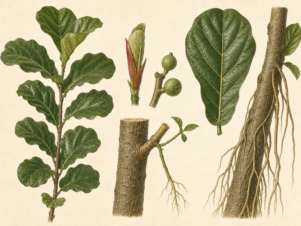 Prancha botânica complementar de Ficus-lira (Ficus lyrata) com caracteres de identificação e ciclo de vida