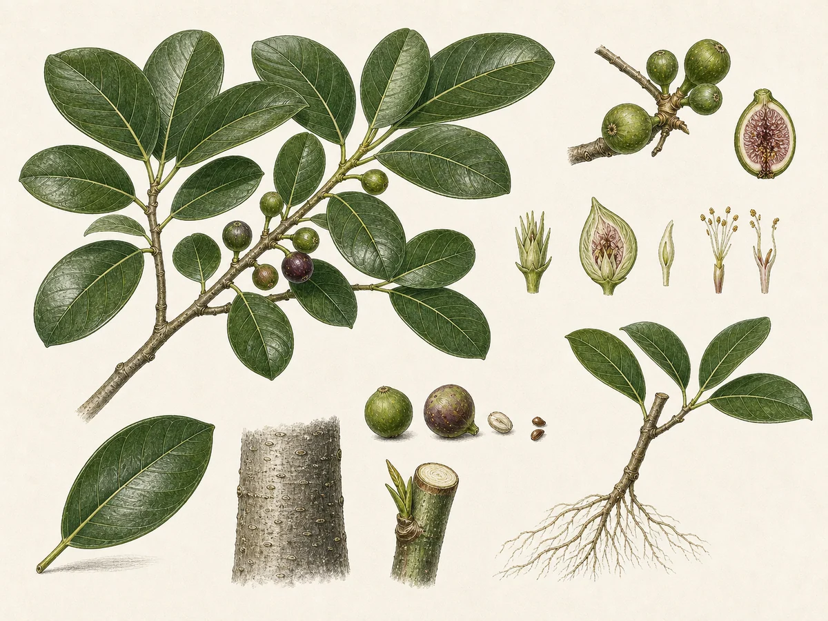 Prancha botânica complementar de Ficus-microcarpa (Ficus microcarpa) com caracteres de identificação e ciclo de vida