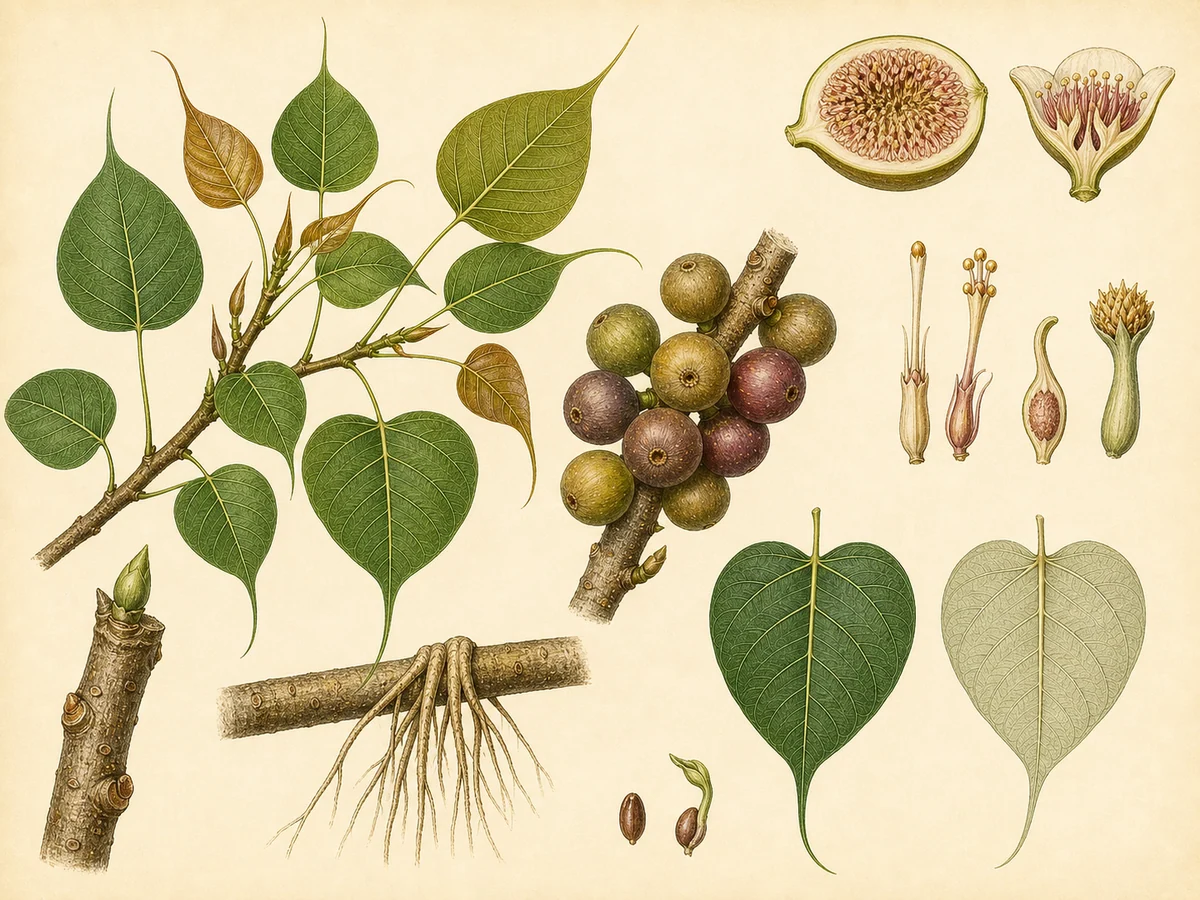 Prancha botânica complementar de Figueira-sagrada (Ficus religiosa) com caracteres de identificação e ciclo de vida