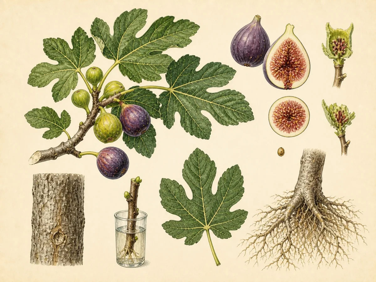 Prancha botânica complementar de Figueira (Ficus carica) com caracteres de identificação e ciclo de vida