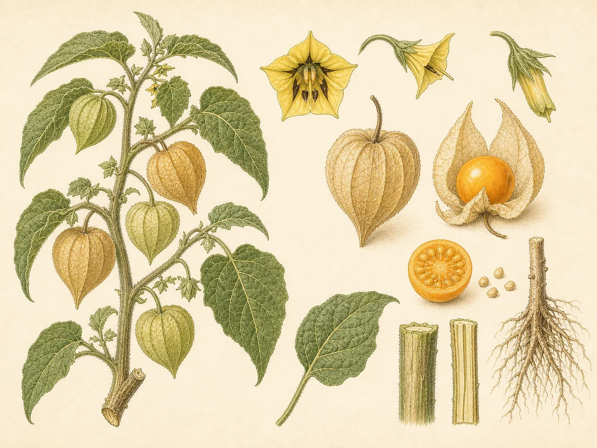Prancha botânica complementar de Fisális (Physalis peruviana) com caracteres de identificação e ciclo de vida
