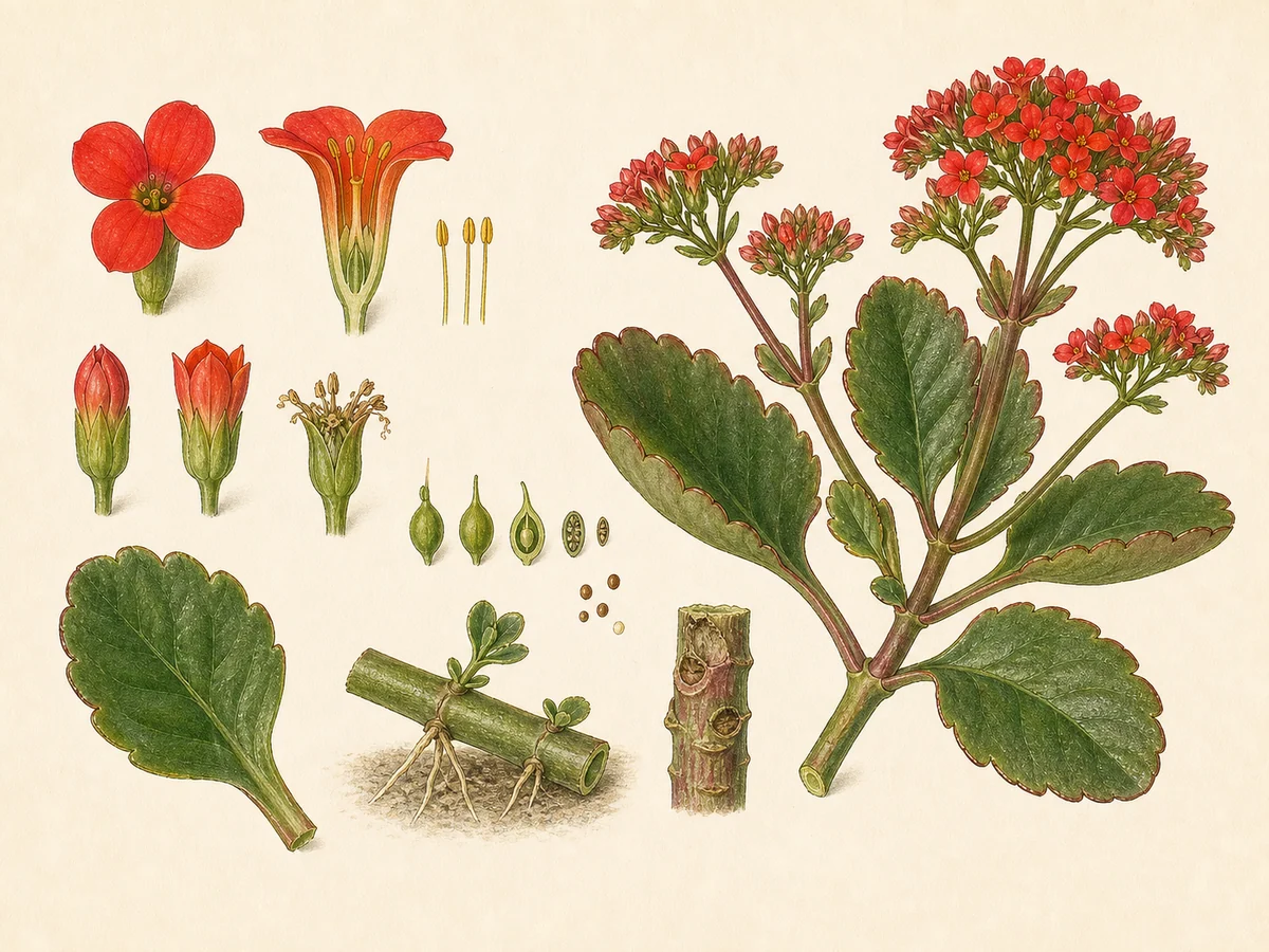 Prancha botânica complementar de Flor-da-fortuna (Kalanchoe blossfeldiana) com caracteres de identificação e ciclo de vida