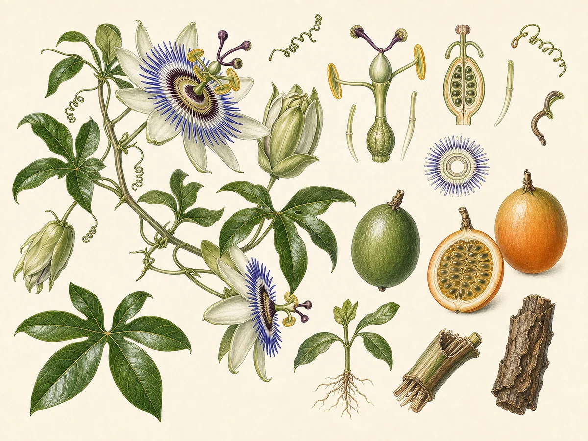 Prancha botânica complementar de Flor-da-paixão-azul (Passiflora caerulea) com caracteres de identificação e ciclo de vida