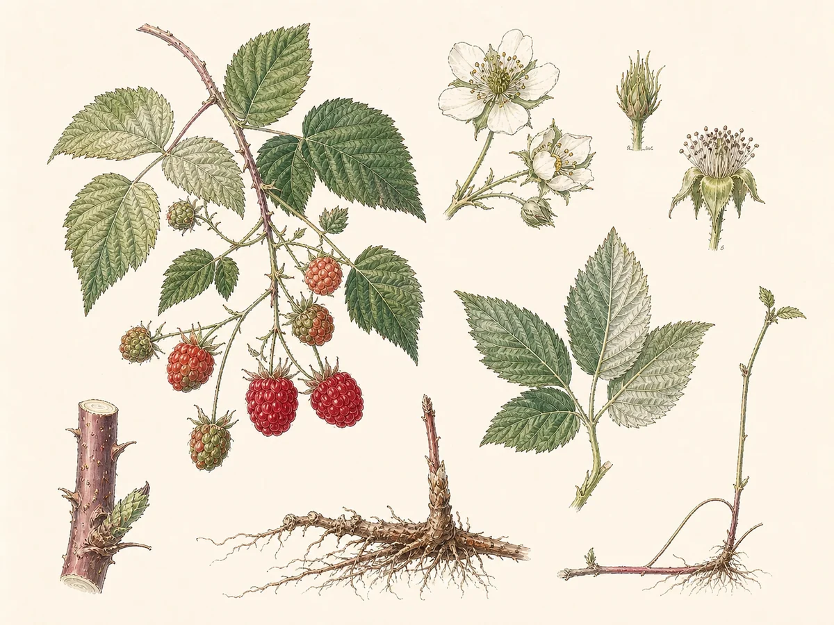 Prancha botânica complementar de Framboeseira (Rubus idaeus) com caracteres de identificação e ciclo de vida