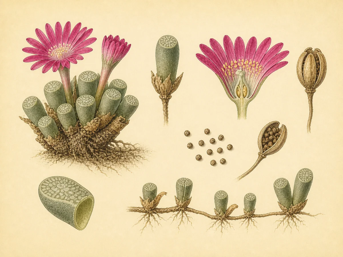 Prancha botânica complementar de Frítia (Frithia pulchra) com caracteres de identificação e ciclo de vida