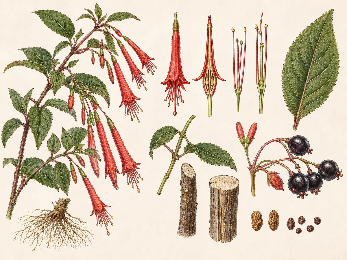 Prancha botânica complementar de Fúcsia-boliviana (Fuchsia boliviana) com caracteres de identificação e ciclo de vida