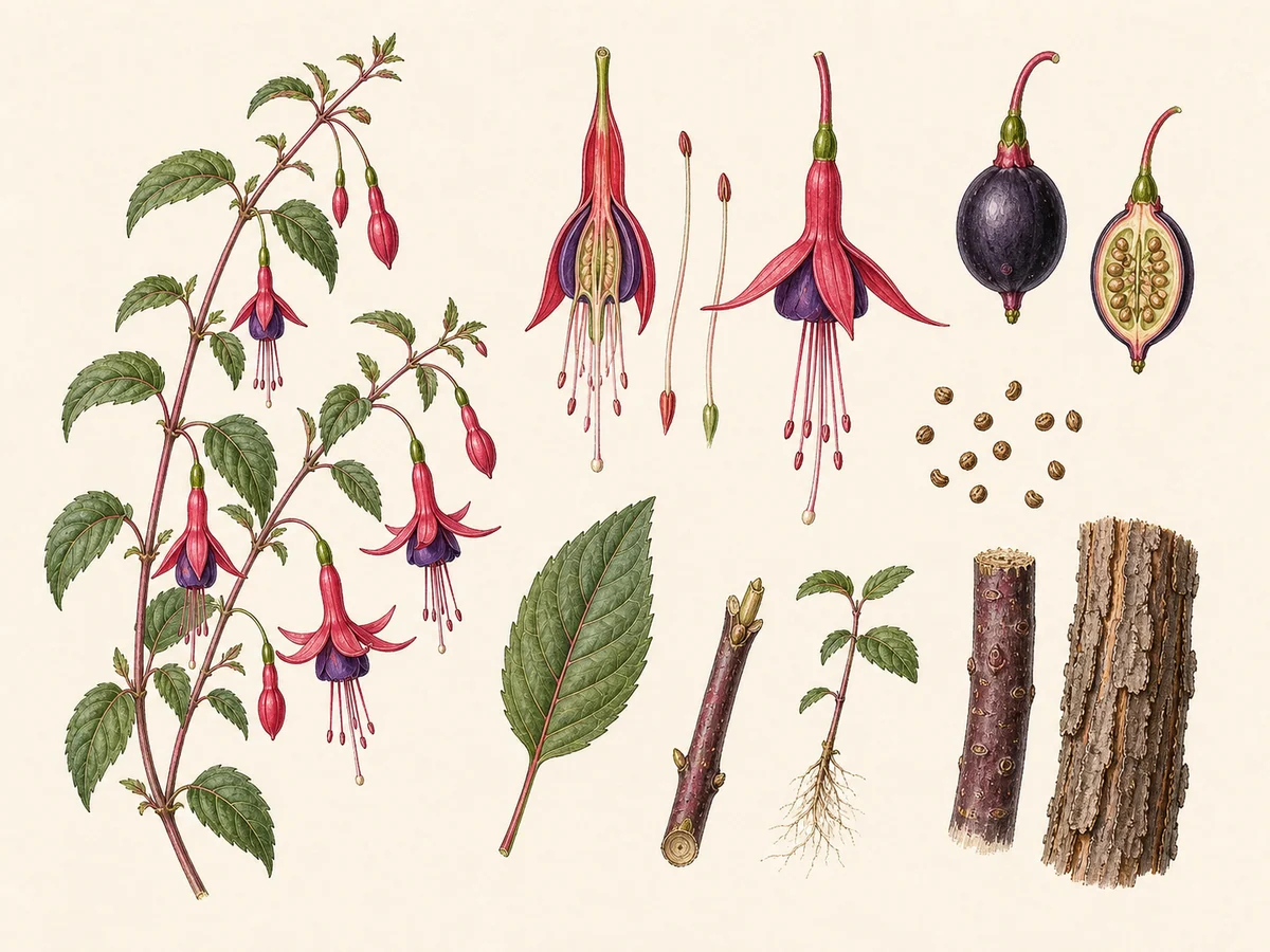 Prancha botânica complementar de Fúcsia (Fuchsia magellanica) com caracteres de identificação e ciclo de vida