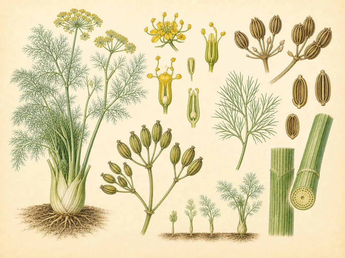 Prancha botânica complementar de Funcho-de-Florença (Foeniculum vulgare Azoricum Group) com caracteres de identificação e ciclo de vida