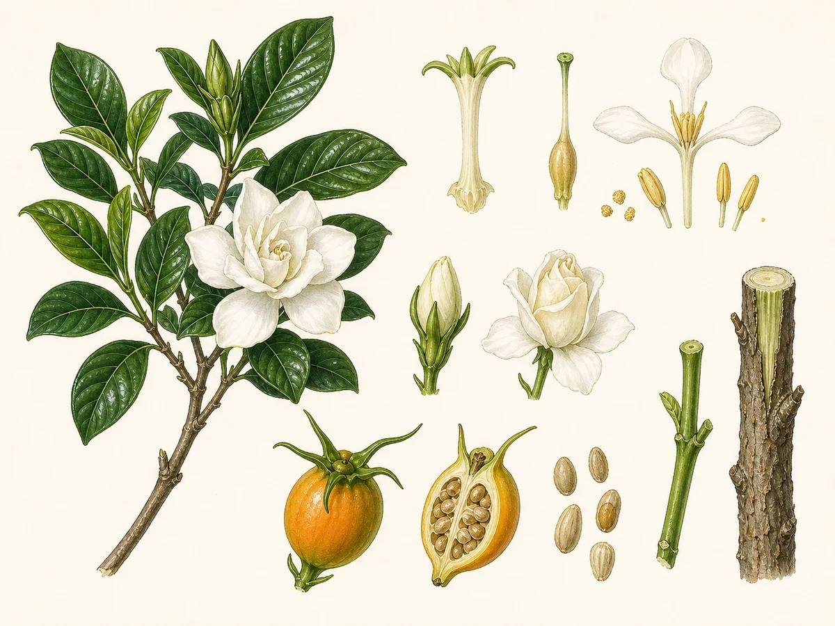 Prancha botânica complementar de Gardénia (Gardenia jasminoides) com caracteres de identificação e ciclo de vida