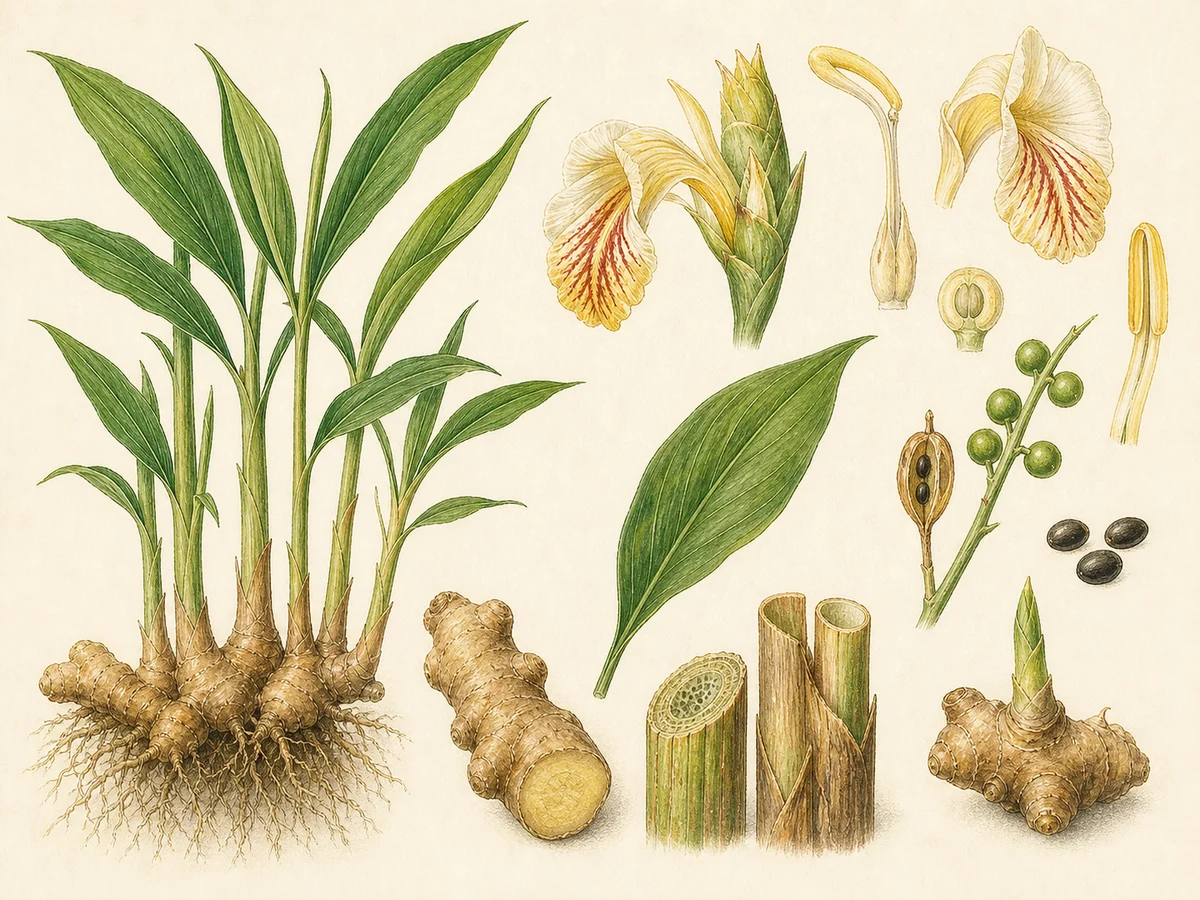 Prancha botânica complementar de Gengibre (Zingiber officinale) com caracteres de identificação e ciclo de vida