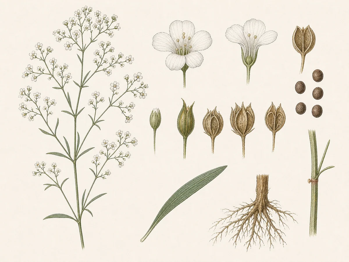 Prancha botânica complementar de Gipsófila (Gypsophila paniculata) com caracteres de identificação e ciclo de vida
