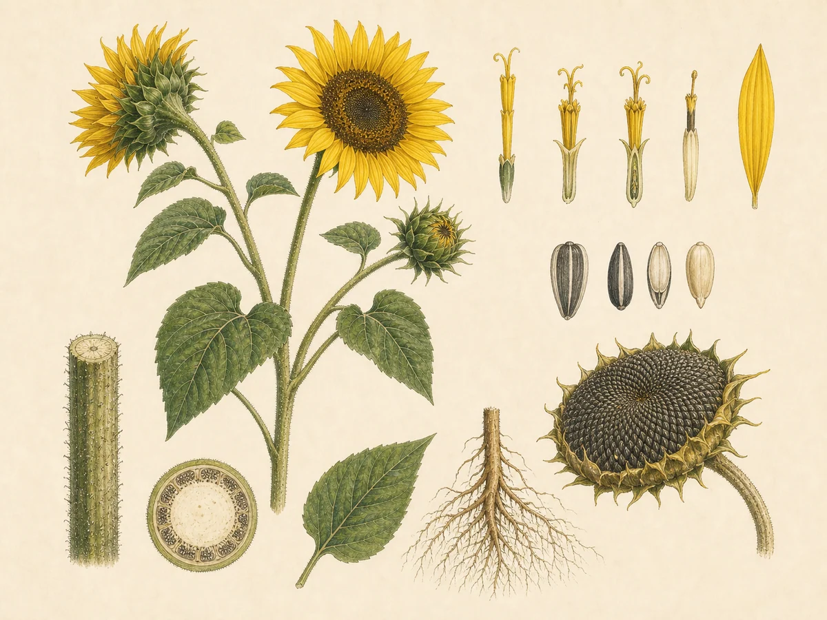 Prancha botânica complementar de Girassol (Helianthus annuus) com caracteres de identificação e ciclo de vida