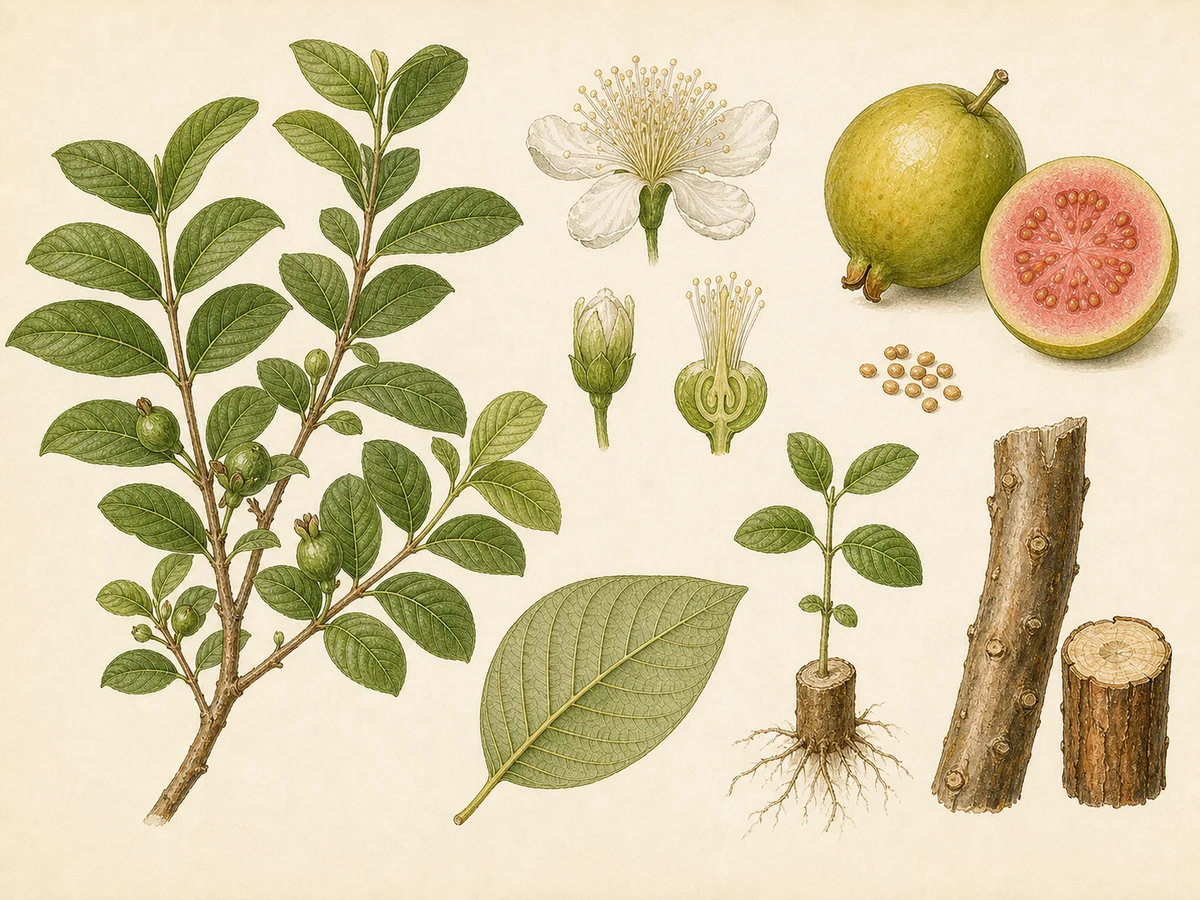 Prancha botânica complementar de Goiabeira (Psidium guajava) com caracteres de identificação e ciclo de vida